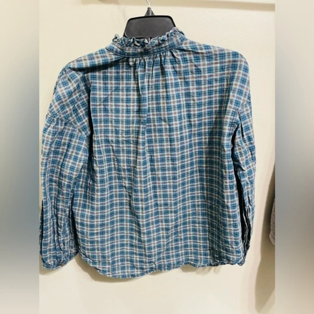 MADEWELL Teal‎ Blue Plaid Ruffle-Neck Popover Blouse Size Medium